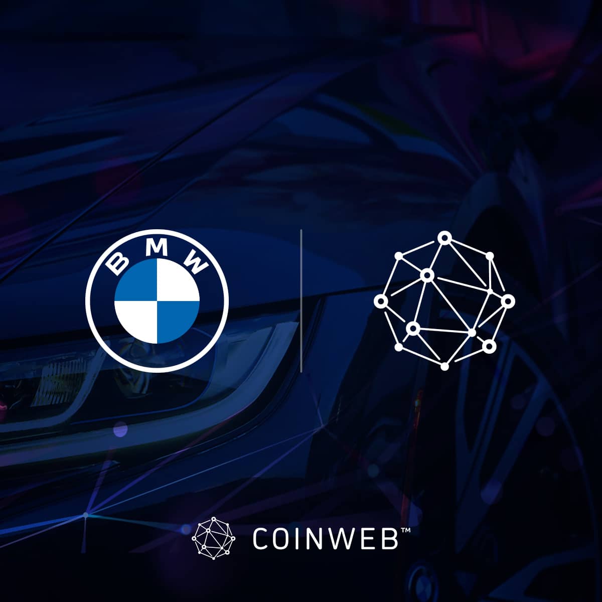 BMW 标志位于蓝色背景上的 Coinweb 标志旁边。