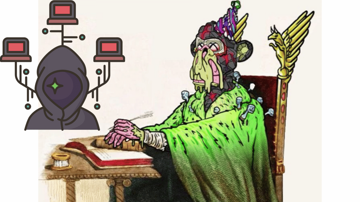 NFT上帝的变异猿在一个图像 "神一样的绿袍" 坐在宝座上写规则。 该图像还包含一张黑客入侵计算机的迷你图片。