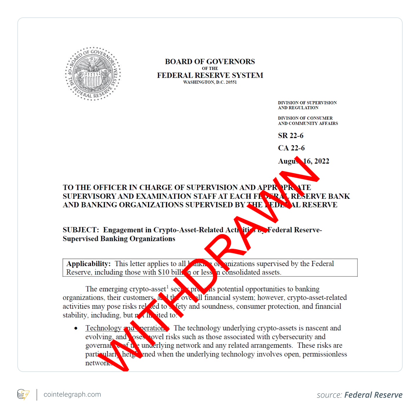The Federal Reserve Board’s withdrawal giving banks guidance on crypto activities