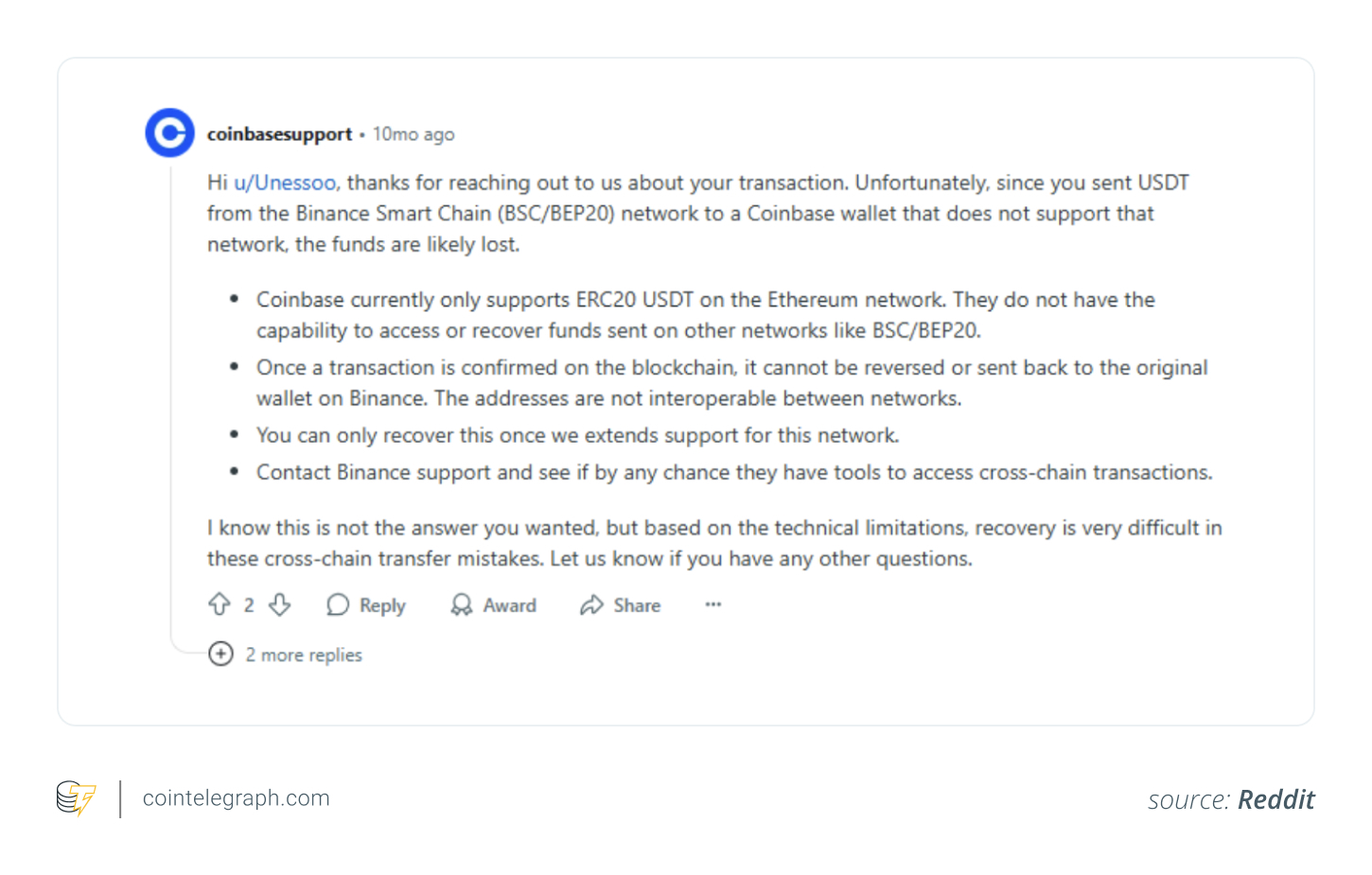 Coinbase客户支持对错误加密转移的回应