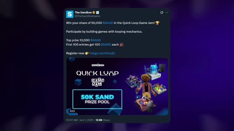 沙箱启动了50k沙子奖励的快速循环游戏果酱