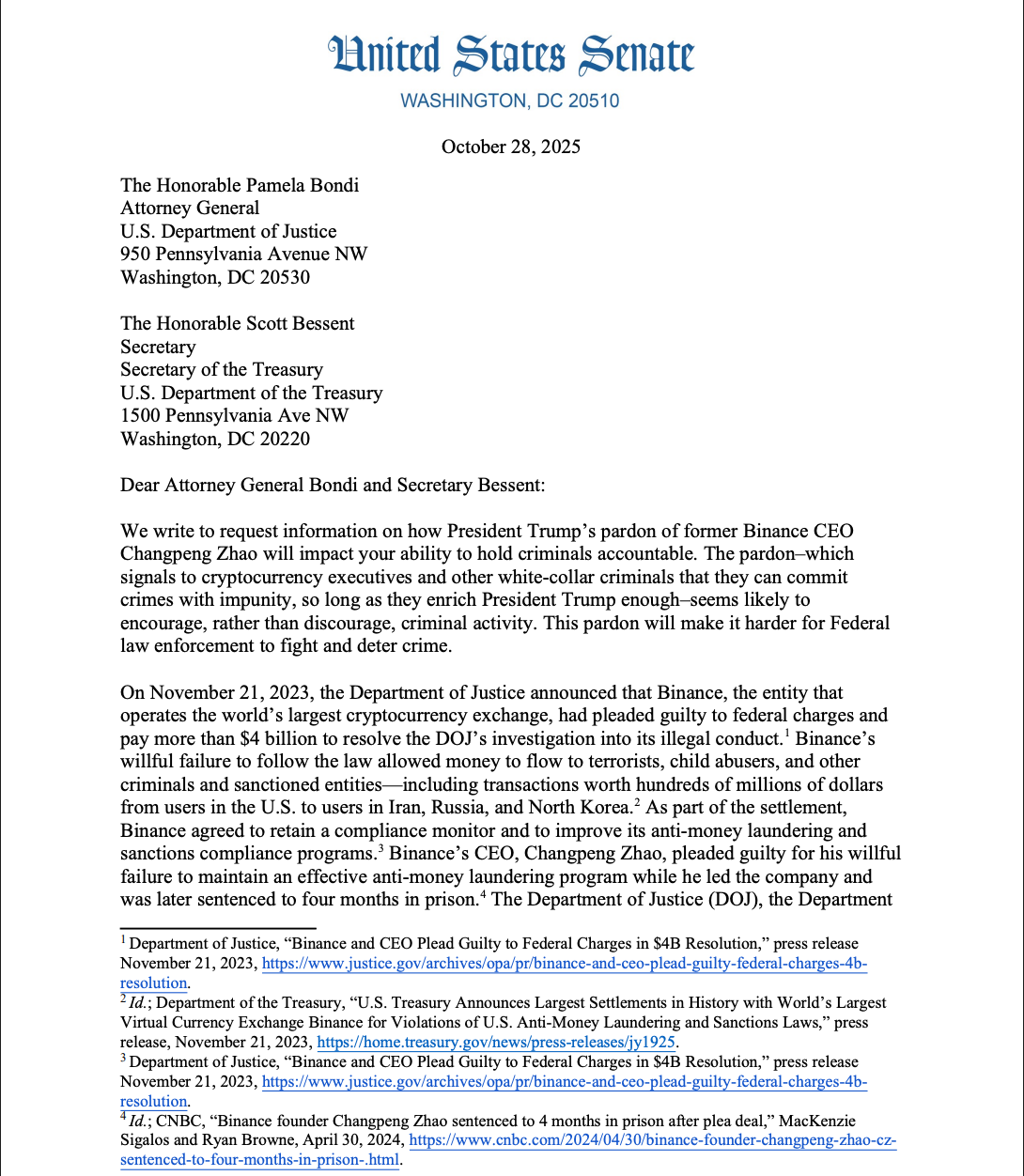 赵长鹏，美国政府，美国，唐纳德·特朗普