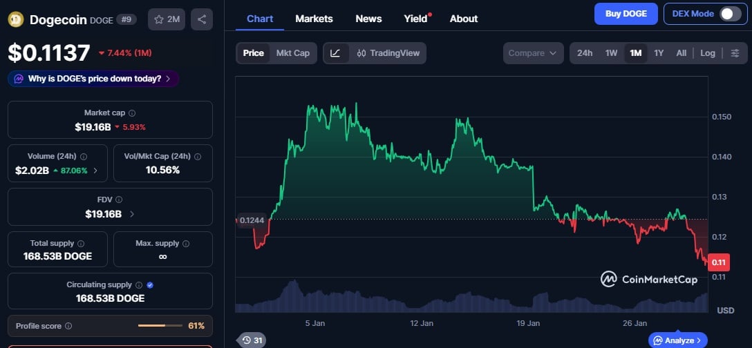 狗狗币价格图（来自 CoinMarketCap）