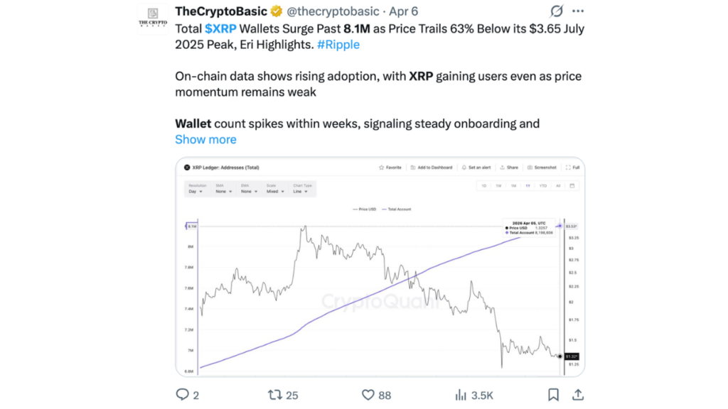 链上数据显示采用率不断上升，尽管价格势头依然疲弱，但 XRP 仍赢得了用户