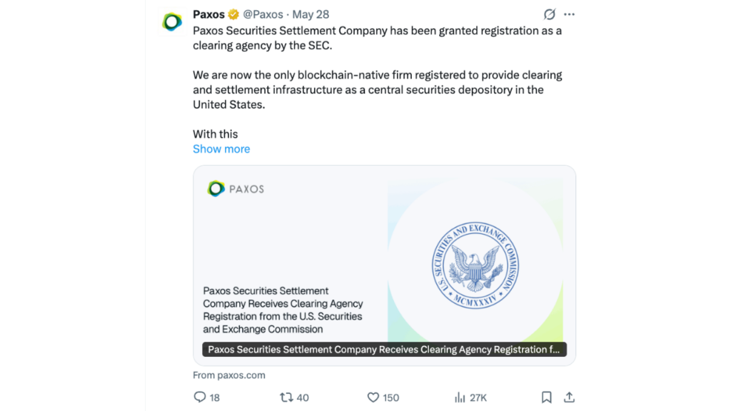 Paxos 获得 SEC 批准在区块链上清算美国股票