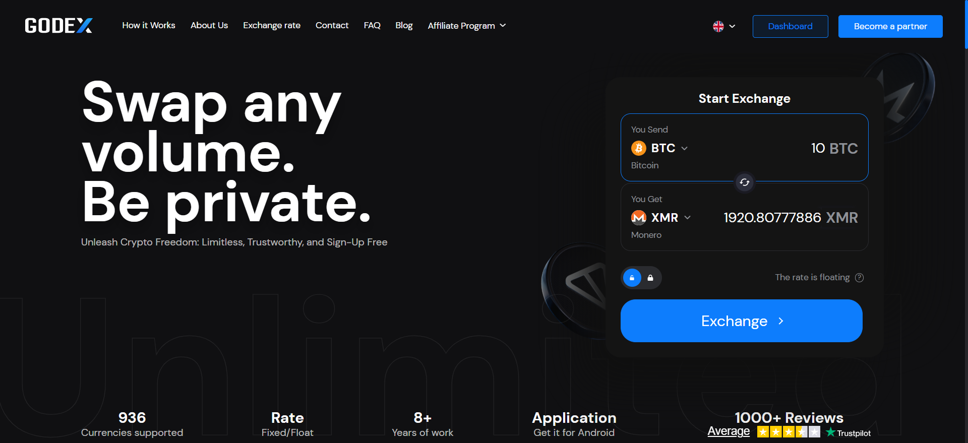 Godex anonymous crypto exchange homepage showing 10 BTC to XMR swap — no KYC, no sign-up, 936 supported currencies.
