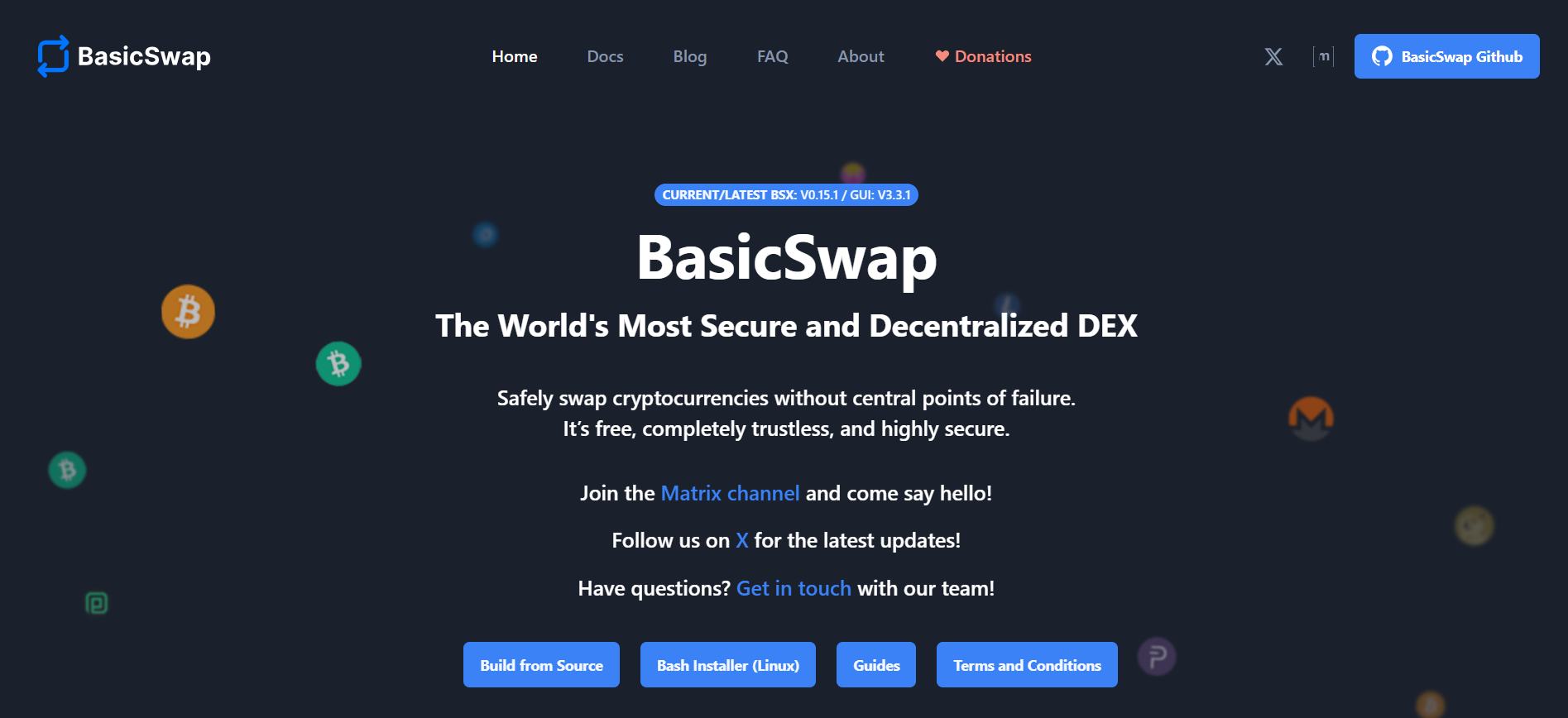 BasicSwap decentralized DEX homepage — trustless atomic swap exchange with no central points of failure, no KYC, no registration.