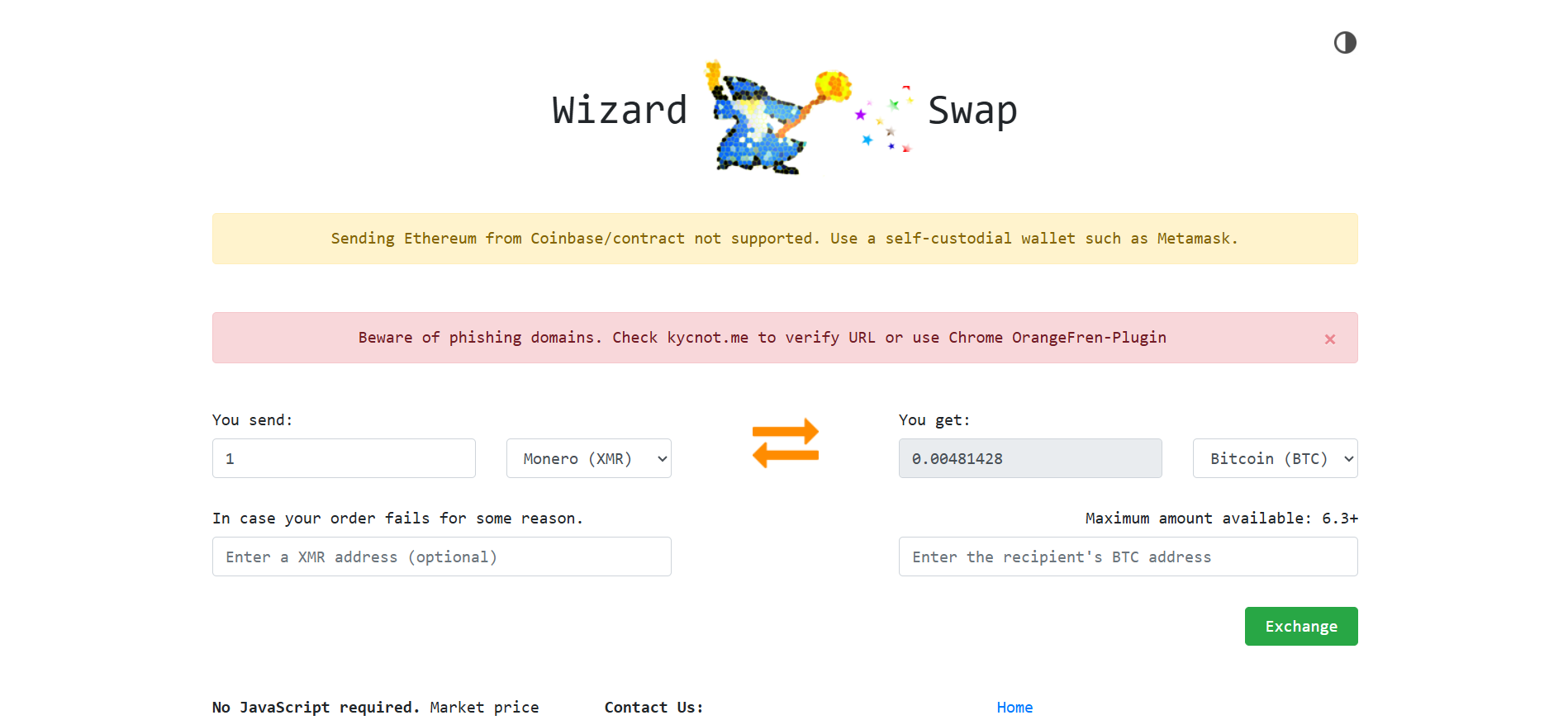 WizardSwap no-registration instant exchange showing XMR to BTC swap — no JavaScript required, market price, own liquidity reserves.