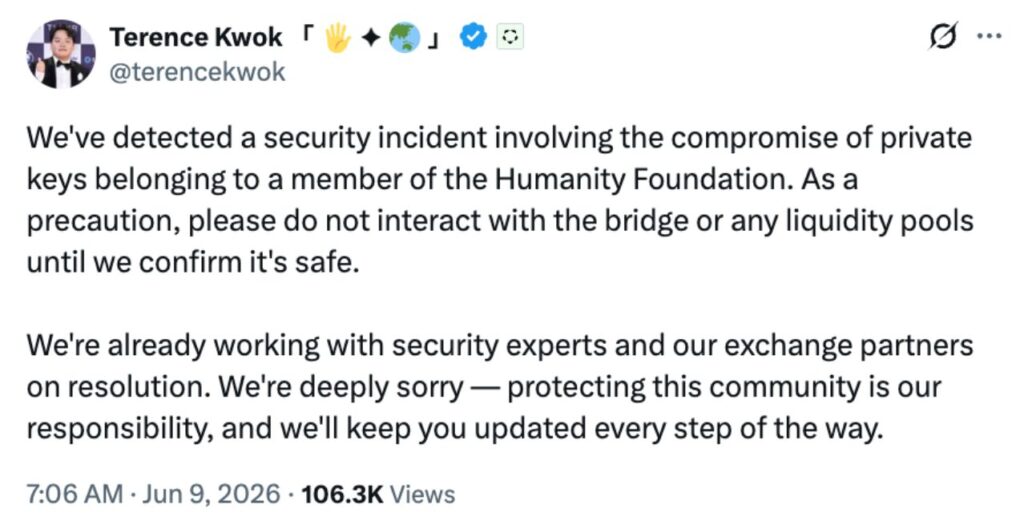 Humanity Protocol 创始人 Terence Kwok 证实了此次黑客攻击