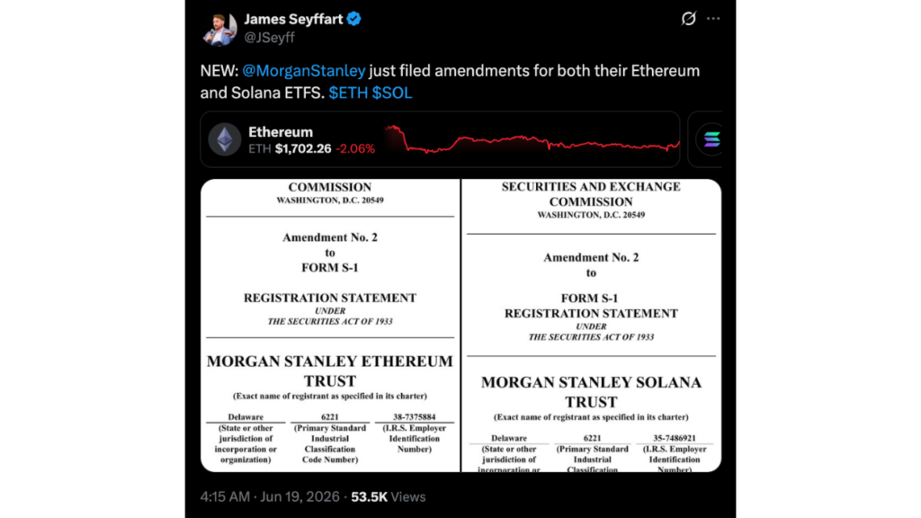 摩根士丹利提交低费以太坊、Solana ETF 申请
