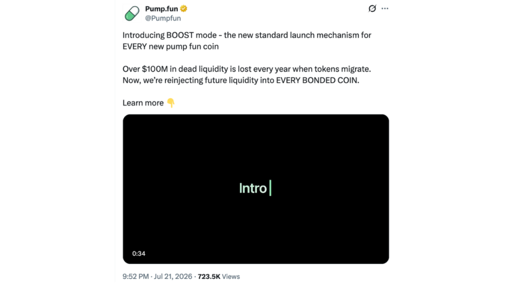 Pump.fun推出BOOST模式，通过代币销毁来回收死流动性（来源：X）