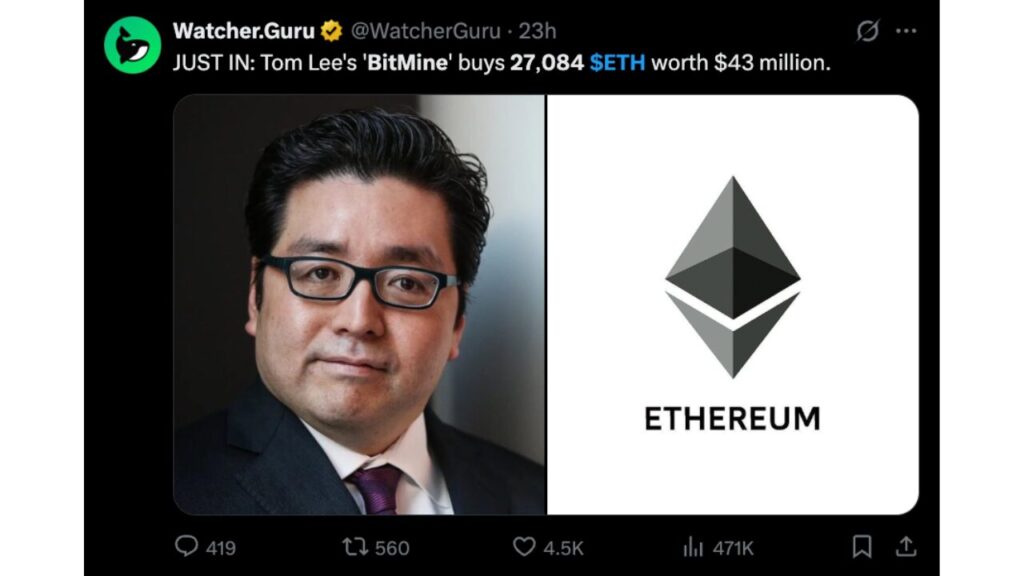 Tom Lee 的 BitMine 增持 4300 万美元以太坊