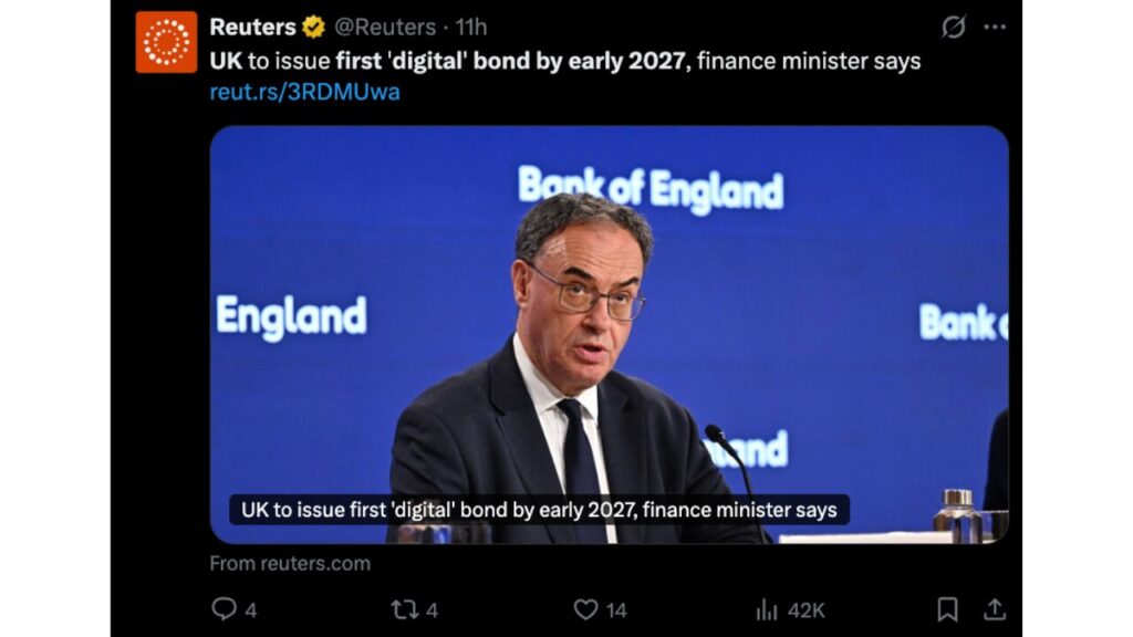 英国计划于 2027 年初发行首支 G7 数字主权债券